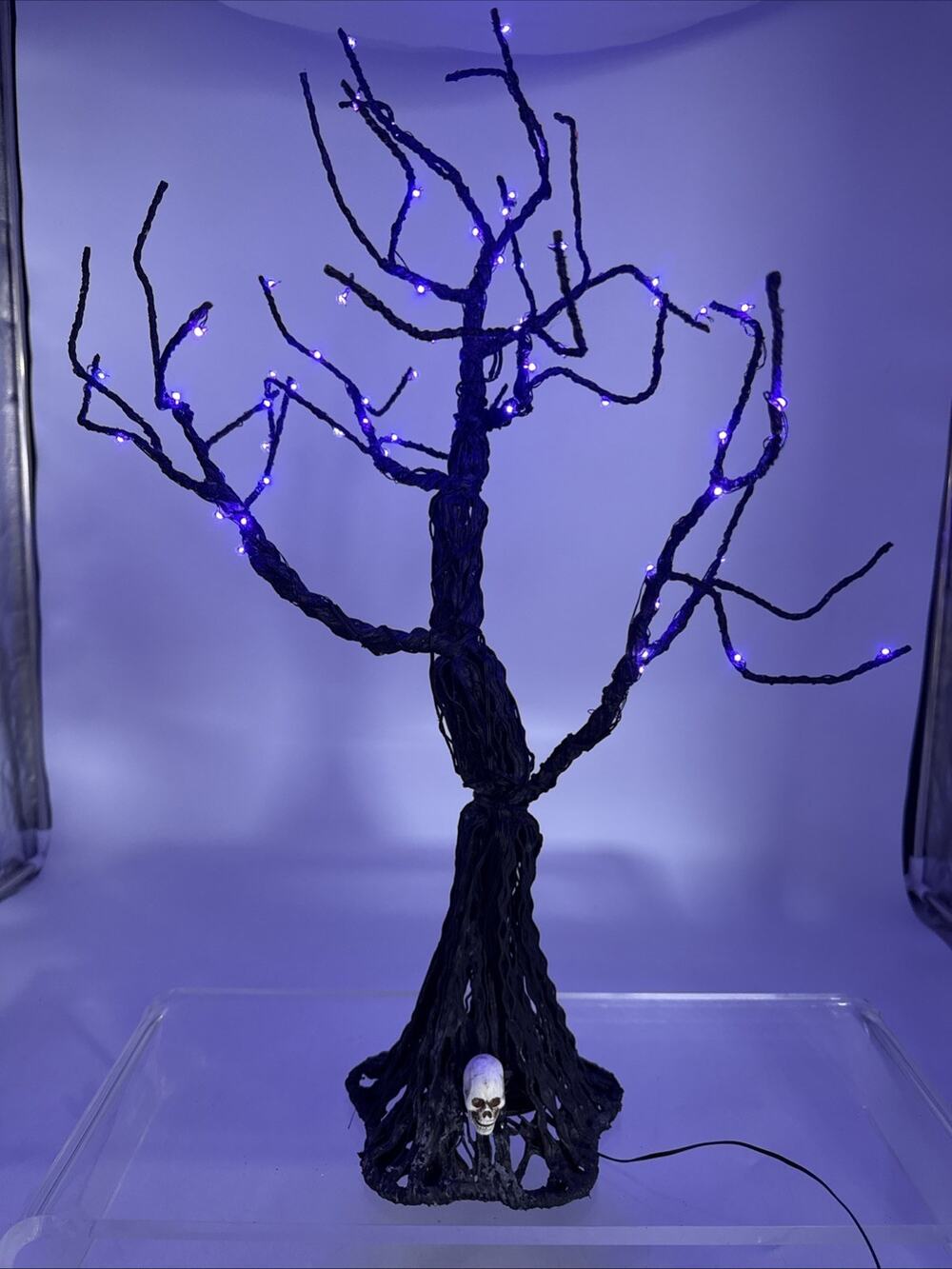 Rare Gemmy 21” Lighted Black Halloween Wire Tree Purple LED Skull Tabletop